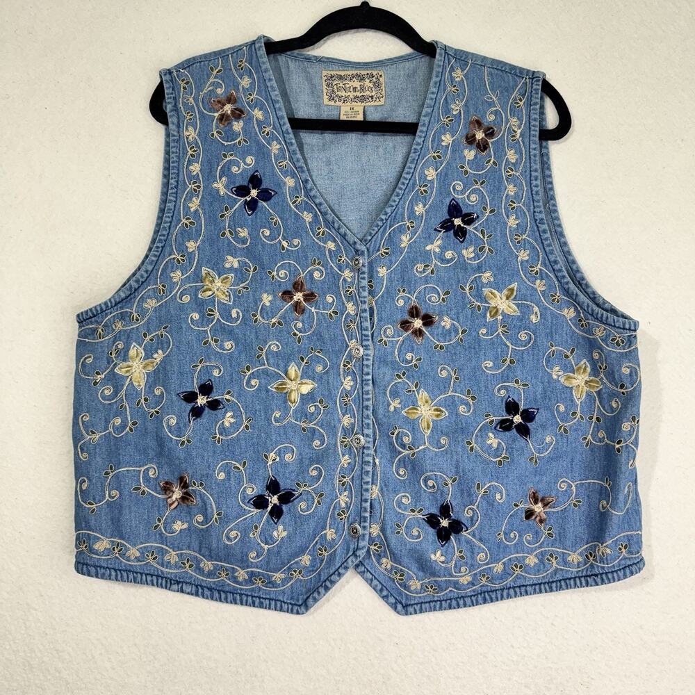 Tantrum Blues 90s Cottagecore Denim Vest Embroidered Velvet Flowers VTG Boho 1X